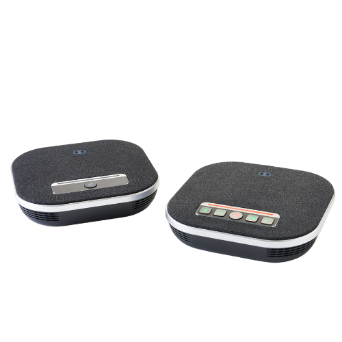Top view of the Boom GEMINI dual speakerphone setup, featuring two sleek, wireless units designed for 48kHz wideband audio and 8-meter omnidirectional voice pickup—ideal for flexible audio coverage in medium to large meeting rooms.