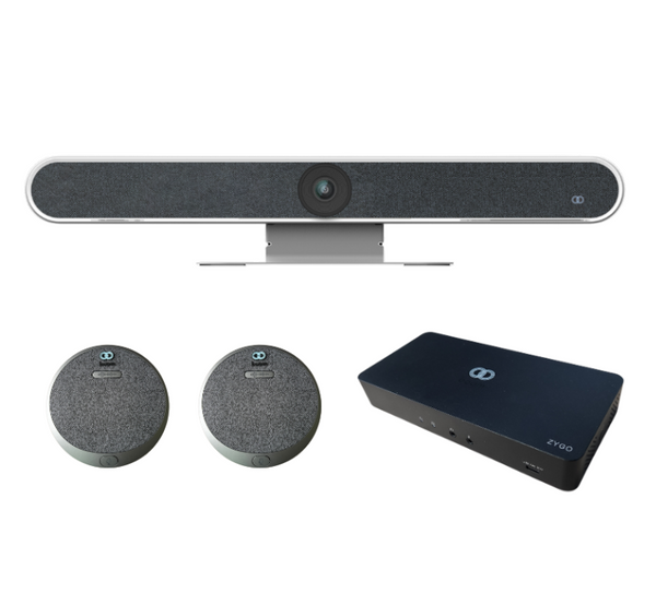 Image of the Boom BYOM Large Video Bar Kit, featuring the HALO 4K AI-powered video bar, two HALO expansion microphones, and the Boom ZYGO Easy Connect Hub—crafted for seamless, high-quality video conferencing in large meeting spaces with plug-and-play simplicity.