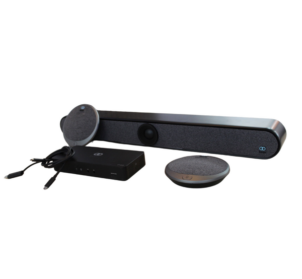 Image of the Boom BYOM Large Video Bar Kit, featuring the HALO 4K AI-powered video bar, two HALO expansion microphones, and the Boom ZYGO Easy Connect Hub—crafted for seamless, high-quality video conferencing in large meeting spaces with plug-and-play simplicity.