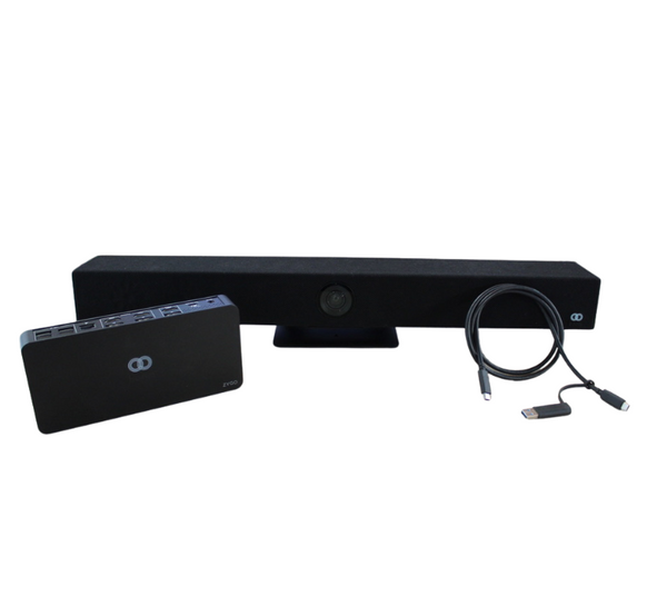 Image of the Boom BYOM Medium Video Bar Kit, featuring the AURA 4K AI-powered video bar and the ZYGO Easy Connect Hub—engineered for effortless, high-quality video conferencing in medium-sized rooms with single-cable plug-and-play connectivity.