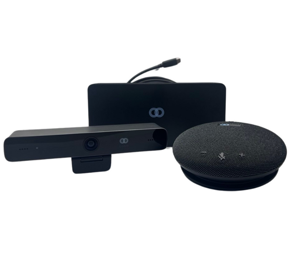 Image of the Boom BYOM Small Room Kit, including the MEZZO 4K wide-angle camera, GIRO Pro HD USB/Bluetooth speakerphone, and ZYGO BYOM Hub—engineered for huddle rooms and small spaces, delivering clear video, rich audio, and single-cable plug-and-play connectivity for efficient video conferencing.