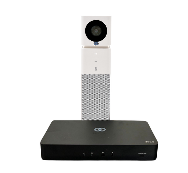 Image of the Boom BYOM Small Video Bar Kit, including the UNO All-in-One Vertical Video Bar and the ZYGO Easy Connect Hub—designed for compact spaces like focus rooms and small meeting areas, providing streamlined, professional video conferencing with single-cable plug-and-play setup.