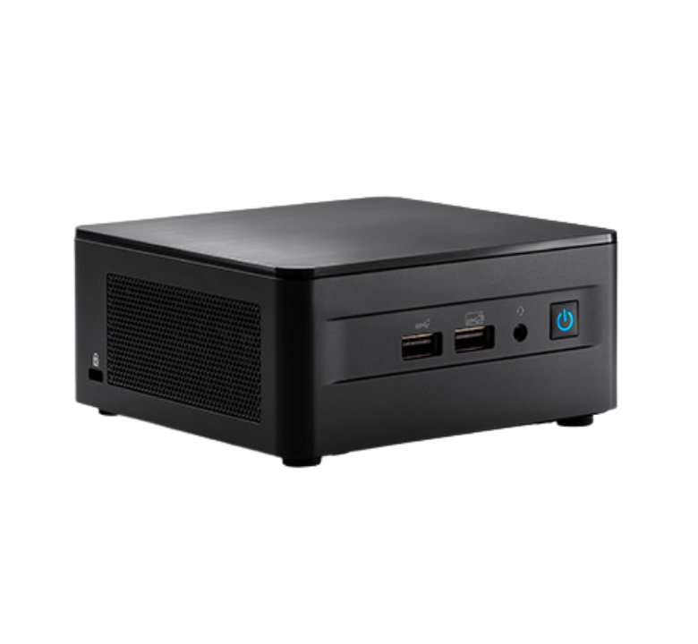 Angled view of the Boom CAPO II, a compact Intel NUC Mini PC preloaded with Windows 11 Pro, designed for seamless Zoom Room integration in professional meeting environments.