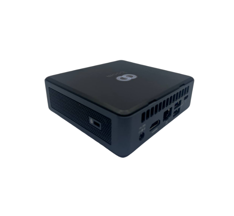 Angled view of the Boom CAPO, a compact Intel NUC Mini PC preloaded with Windows 11 Pro—designed as a powerful Zoom Room computing solution for seamless video conferencing performance in professional meeting spaces.