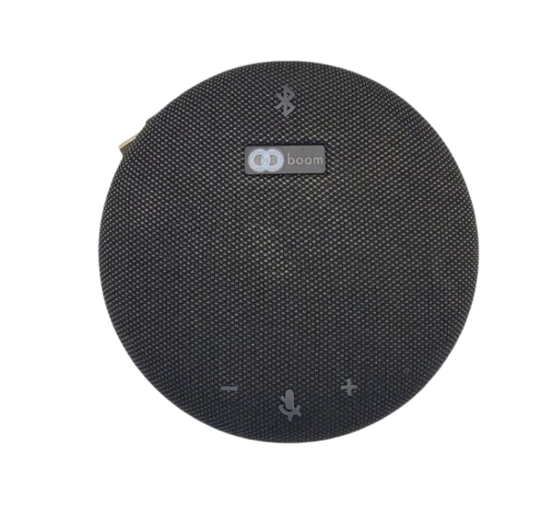 Top view of the Boom GIRO Pro, a compact and stylish HD speakerphone with USB and Bluetooth connectivity, offering crystal-clear audio, 360° voice pickup, and intuitive touch controls—ideal for enhancing communication in small to medium-sized meeting spaces.