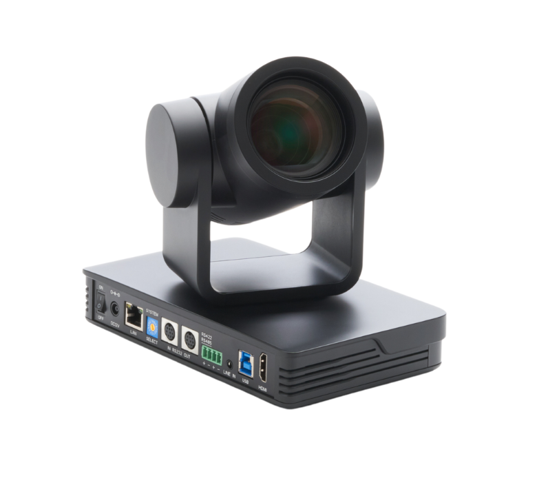 Angled view of the Boom MAGNA 4K PTZ camera, showcasing its wide range of connectivity ports including USB 3.0, HDMI, and LAN—designed to support flexible integration into various AV and video conferencing systems.