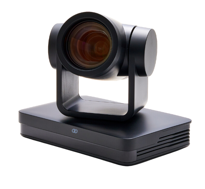Angled view of the Boom MAGNA, a professional-grade 4K PTZ camera with a sleek black design, featuring a wide lens for precise zoom, ideal for large conference rooms and live events.