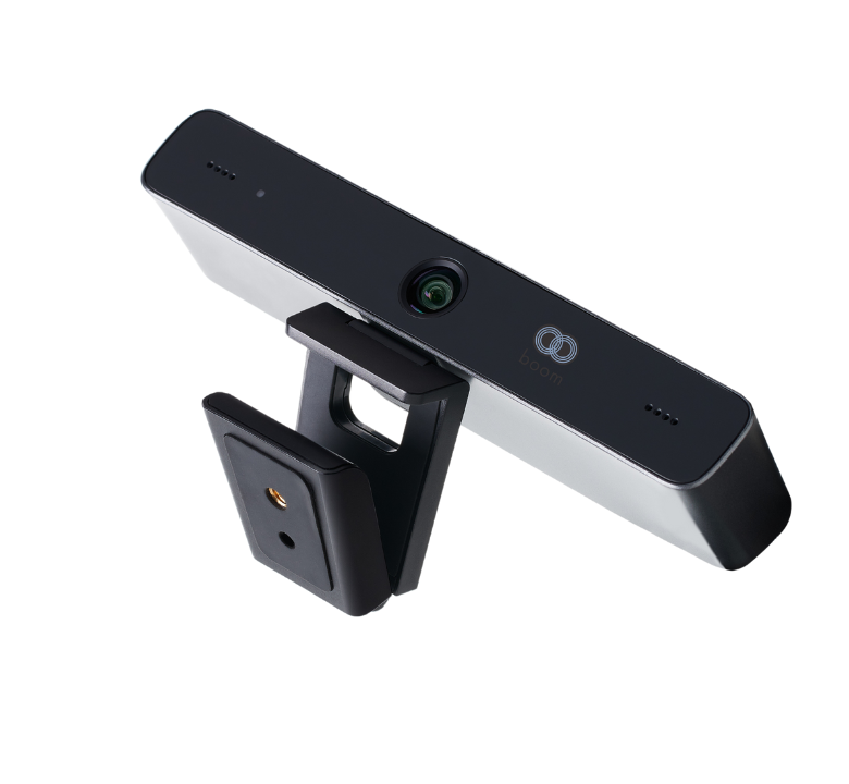 Angled view of the Boom MEZZO, a compact 4K Ultra HD PTZ camera with 10x ePTZ, built-in AI features like auto-framing and Picture-in-Picture, and an advanced ISP—designed to deliver vivid, intelligent video for professional meetings and conferences.