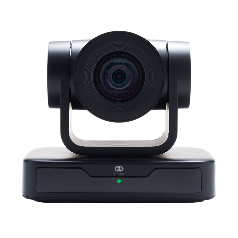 Front view of the Boom MIDI, a compact Full HD PTZ camera with 10x optical zoom, 77° field of view, and USB connectivity—designed for professional-quality video in small to medium-sized conference rooms.