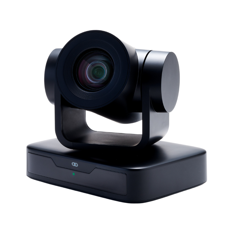 Angled view of the Boom MIDI, a compact Full HD PTZ camera with 10x optical zoom, 77° field of view, and USB connectivity—designed for professional-quality video in small to medium-sized conference rooms.