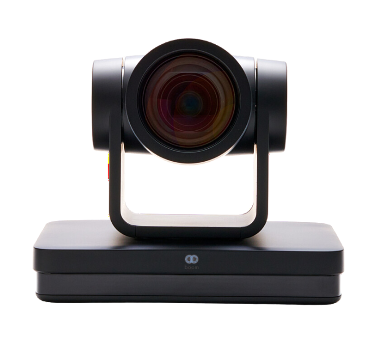 Front-facing view of the Boom MAGNA, a professional-grade 4K PTZ camera with a sleek black design, featuring a wide lens for precise zoom, ideal for large conference rooms and live events.