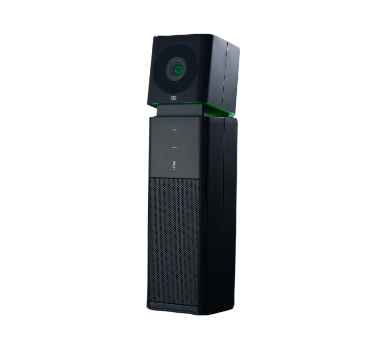 Photo of the Boom UNO, a sleek all-in-one vertical video bar combining a Full HD camera, built-in microphone, and speakerphone—perfectly designed for small meeting spaces and focus rooms requiring compact, professional video conferencing.