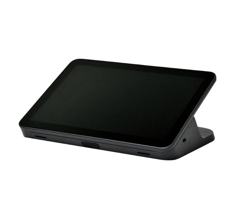Photo of the Boom VISTA 10.1-inch Zoom Room Controller featuring a responsive, optically bonded touchscreen with 1280x800 resolution, anti-glare coating, and a sleek design for streamlined video conferencing control.