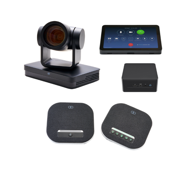 Photo of the Boom Zoom Room Large Room Pro Kit, featuring the Boom MAGNA Pro 4K AI Auto-Tracking PTZ Camera, Boom GEMINI USB and Bluetooth Speakerphone, Boom CAPO II Intel NUC with Windows 11 Pro, and the Boom VISTA Android-based Zoom Room Controller—ideal for large conference rooms and boardrooms.