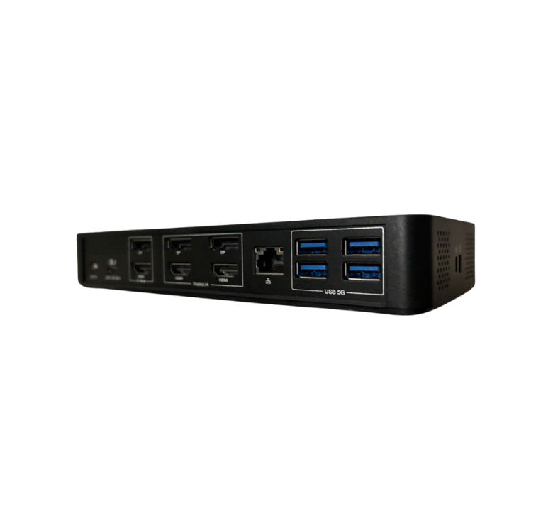 Angled view of the Boom ZYGO, a sleek, compact BYOM hub designed to simplify connectivity with a single USB-C cable, offering seamless plug-and-play integration for video bars, displays, and laptops in modern conference rooms.