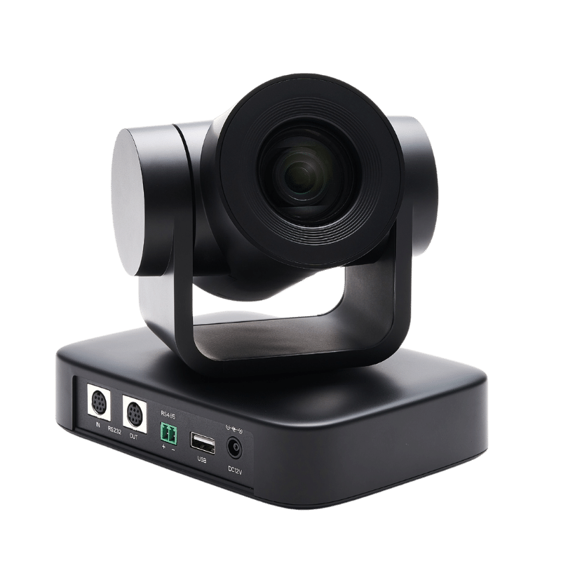 Angled view of the Boom MIDI, a compact Full HD PTZ camera with 10x optical zoom, 77° field of view, and USB connectivity—designed for professional-quality video in small to medium-sized conference rooms.