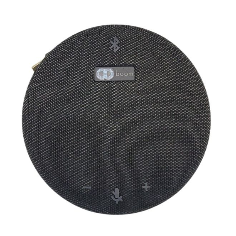 Top view of the Boom GIRO speakerphone, featuring a sleek, round design with omnidirectional microphone pickup, USB and Bluetooth connectivity, and an integrated high-quality speaker—ideal for enhancing audio in small to medium video conferencing setups.