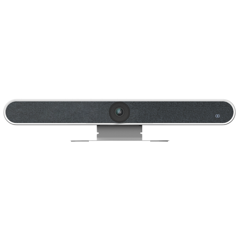 Front view of the Boom HALO, an all-in-one video conferencing bar featuring a 4K UHD camera, six built-in digital array microphones, dual 10W speakers, and an automatic privacy shutter—designed for smart, seamless meetings in medium to large rooms.