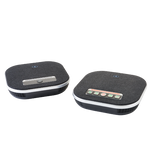Top view of the Boom GEMINI dual speakerphone setup, featuring two sleek, wireless units designed for 48kHz wideband audio and 8-meter omnidirectional voice pickup—ideal for flexible audio coverage in medium to large meeting rooms.








