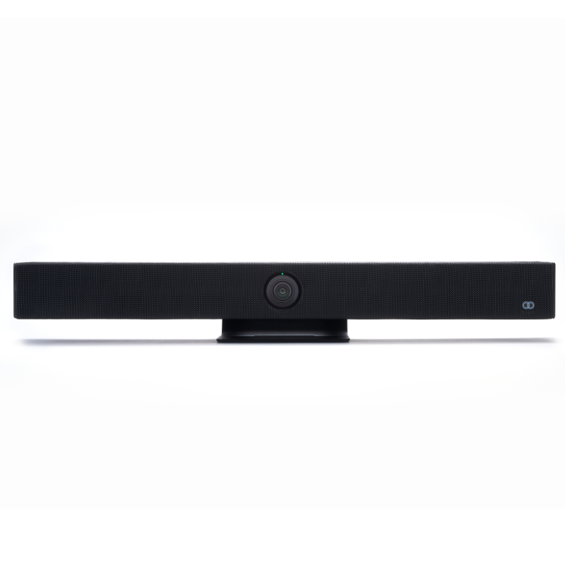 Front view of the Boom AURA video bar, showcasing its integrated 4K camera, wide-angle lens, dual speakers, and beamforming microphone array—engineered for intelligent auto-framing and crystal-clear communication in professional conference settings.







