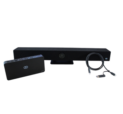 Image of the Boom BYOM Medium Video Bar Kit, featuring the AURA 4K AI-powered video bar and the ZYGO Easy Connect Hub—engineered for effortless, high-quality video conferencing in medium-sized rooms with single-cable plug-and-play connectivity.








