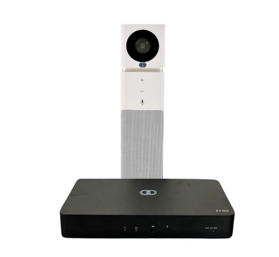 Image of the Boom BYOM Small Video Bar Kit, including the UNO All-in-One Vertical Video Bar and the ZYGO Easy Connect Hub—designed for compact spaces like focus rooms and small meeting areas, providing streamlined, professional video conferencing with single-cable plug-and-play setup.

