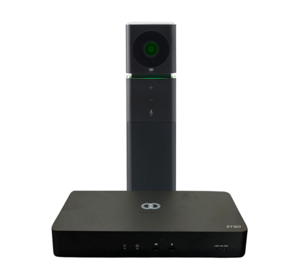 Image of the Boom BYOM Small Video Bar Kit, including the UNO All-in-One Vertical Video Bar and the ZYGO Easy Connect Hub—designed for compact spaces like focus rooms and small meeting areas, providing streamlined, professional video conferencing with single-cable plug-and-play setup.








