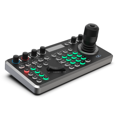 Image of the Boom GOJO Joystick Controller, a professional-grade PTZ camera control unit featuring a responsive joystick, LCD screen, and programmable buttons—ideal for managing multiple Boom PTZ cameras in live productions, conference rooms, and broadcast settings.








