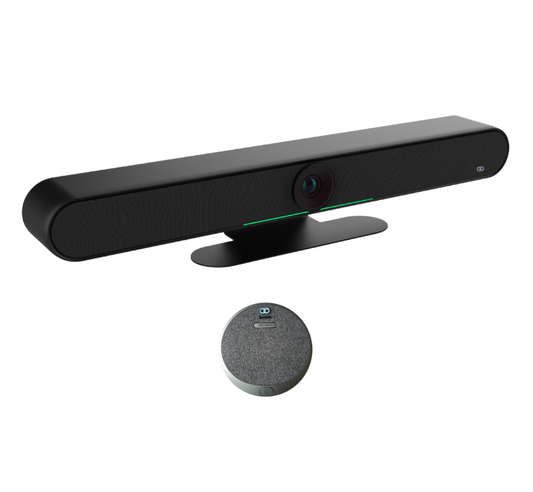 Image of the Boom HALO Business Edition Kit, featuring the HALO 4K AI-powered all-in-one video bar paired with a HALO expansion microphone—designed to deliver crystal-clear video and extended audio coverage for medium to large business conference rooms.








