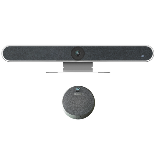 Image of the Boom HALO Business Edition Kit, featuring the HALO 4K AI-powered all-in-one video bar paired with a HALO expansion microphone—designed to deliver crystal-clear video and extended audio coverage for medium to large business conference rooms.








