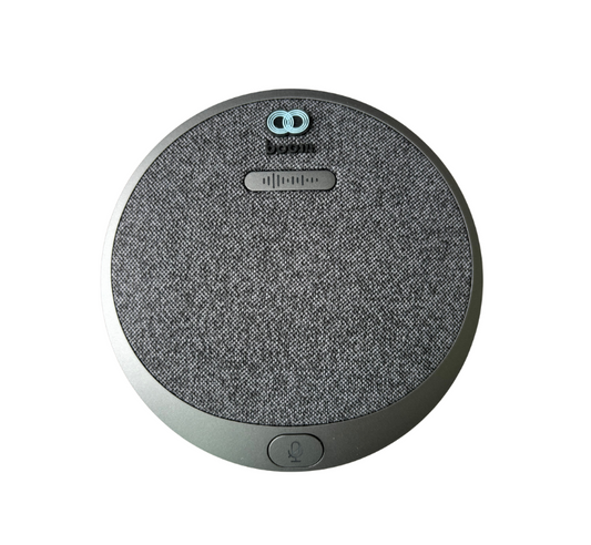 Close-up of the Boom HALO Expansion Microphone, a sleek, low-profile device with a modern circular design, designed to extend audio pickup range in larger conference rooms when paired with the Boom HALO video bar.








