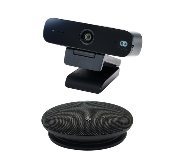 Image of the Boom Hybrid Work Kit, featuring the MINI Full HD 1080p webcam and the GIRO HD USB/Bluetooth speakerphone, packed in a compact travel case—an all-in-one video conferencing solution for hybrid workers, remote teams, and home office setups.








