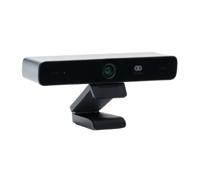 Angled view of the Boom MEZZO, a compact 4K Ultra HD PTZ camera with 10x ePTZ, built-in AI features like auto-framing and Picture-in-Picture, and an advanced ISP—designed to deliver vivid, intelligent video for professional meetings and conferences.