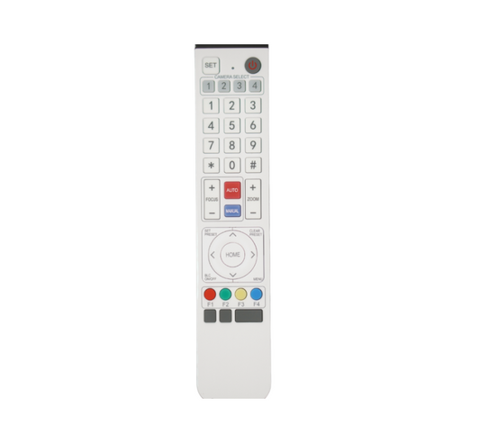 Top view of the Boom RF Remote Control, featuring a sleek, button-rich design with four camera selection buttons and 10 customizable presets—designed for seamless wireless control of Boom PTZ cameras without requiring line-of-sight.








