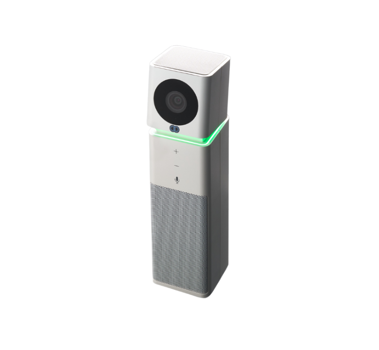 Angled view of the Boom UNO, a sleek all-in-one vertical video bar combining a Full HD camera, built-in microphone, and speakerphone—perfectly designed for small meeting spaces and focus rooms requiring compact, professional video conferencing.








