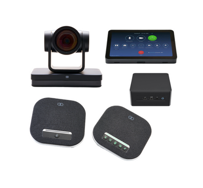 Photo of the Boom Zoom Room Large Room Kit, featuring the Boom MAGNA 4K AI Auto-Tracking PTZ Camera, Boom GEMINI USB and Bluetooth Speakerphone, Boom CAPO II Intel NUC with Windows 11 Pro, and the Boom VISTA Android-based Zoom Room Controller—ideal for large conference rooms and boardrooms.








