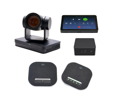 Photo of the Boom Zoom Room Large Room Pro Kit, featuring the Boom MAGNA Pro 4K AI Auto-Tracking PTZ Camera, Boom GEMINI USB and Bluetooth Speakerphone, Boom CAPO II Intel NUC with Windows 11 Pro, and the Boom VISTA Android-based Zoom Room Controller—ideal for large conference rooms and boardrooms.