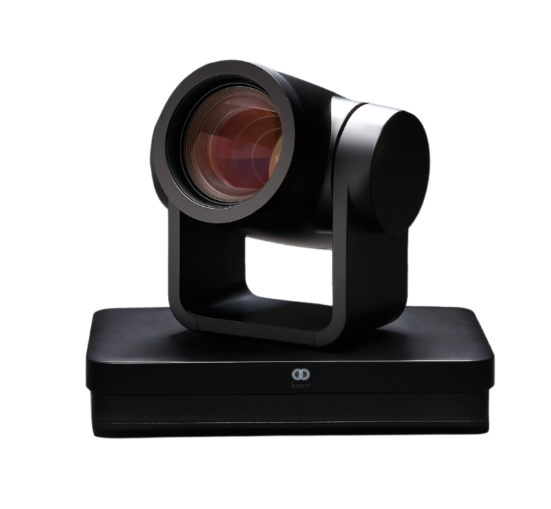 Angled view of the Boom MAGNA, a professional-grade 4K PTZ camera with a sleek black design, featuring a wide lens for precise zoom, ideal for large conference rooms and live events.








