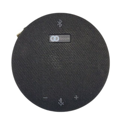 Top view of the Boom GIRO speakerphone, featuring a sleek, round design with omnidirectional microphone pickup, USB and Bluetooth connectivity, and an integrated high-quality speaker—ideal for enhancing audio in small to medium video conferencing setups.









