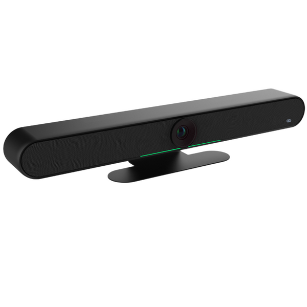 Photo of the Boom HALO Black, an all-in-one video conferencing bar featuring a 4K UHD camera, six built-in digital array microphones, dual 10W speakers, and an automatic privacy shutter—designed for smart, seamless meetings in medium to large rooms.








