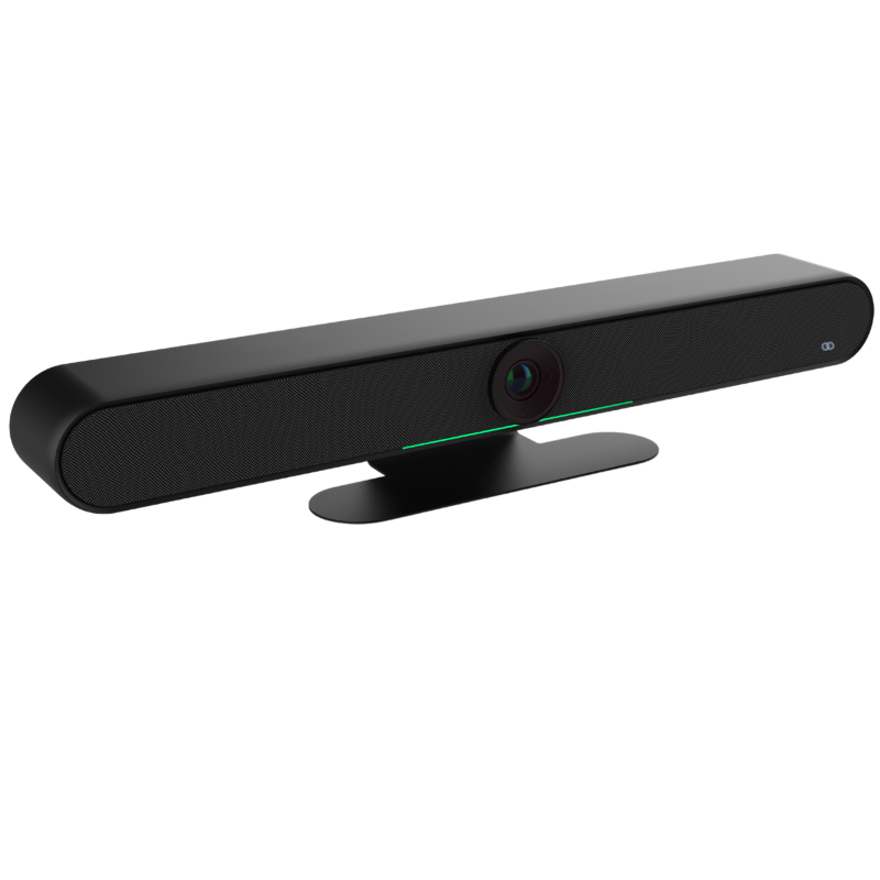 Photo of the Boom HALO Black, an all-in-one video conferencing bar featuring a 4K UHD camera, six built-in digital array microphones, dual 10W speakers, and an automatic privacy shutter—designed for smart, seamless meetings in medium to large rooms.








